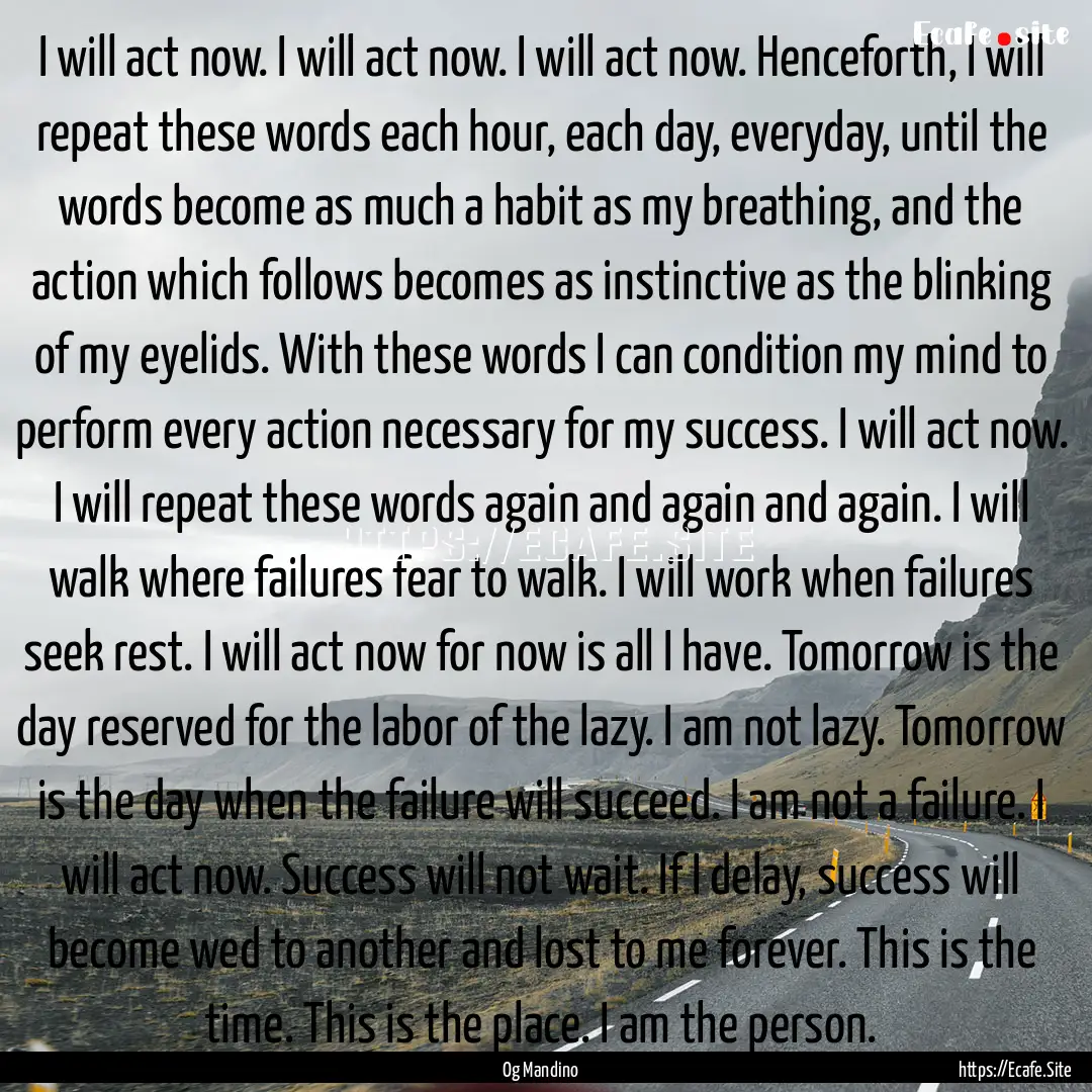 I will act now. I will act now. I will act.... : Quote by Og Mandino