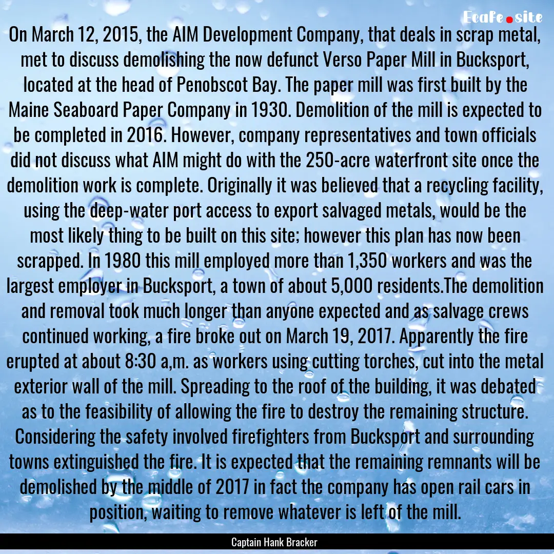 On March 12, 2015, the AIM Development Company,.... : Quote by Captain Hank Bracker