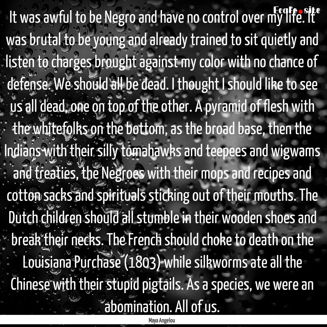 It was awful to be Negro and have no control.... : Quote by Maya Angelou