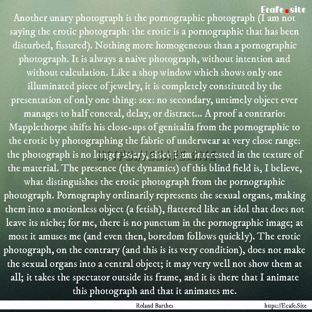 Another unary photograph is the pornographic.... : Quote by Roland Barthes