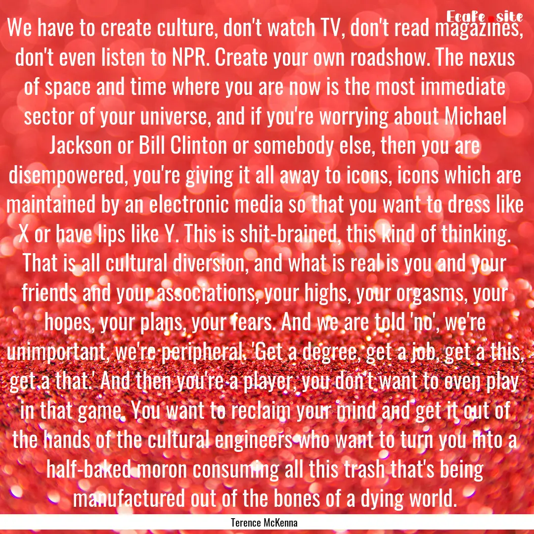 We have to create culture, don't watch TV,.... : Quote by Terence McKenna