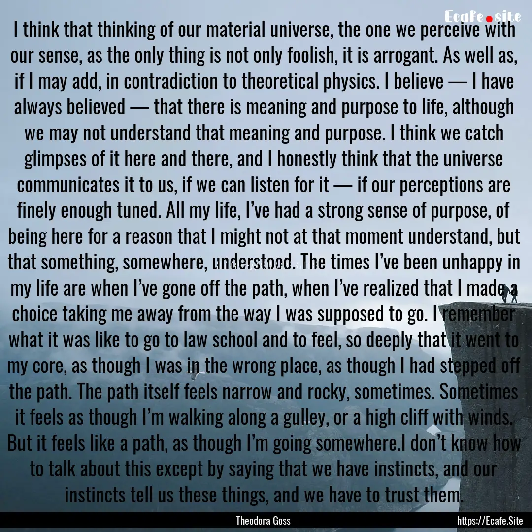 I think that thinking of our material universe,.... : Quote by Theodora Goss