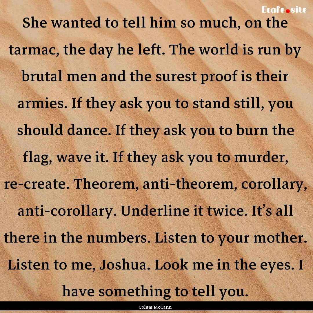 She wanted to tell him so much, on the tarmac,.... : Quote by Colum McCann