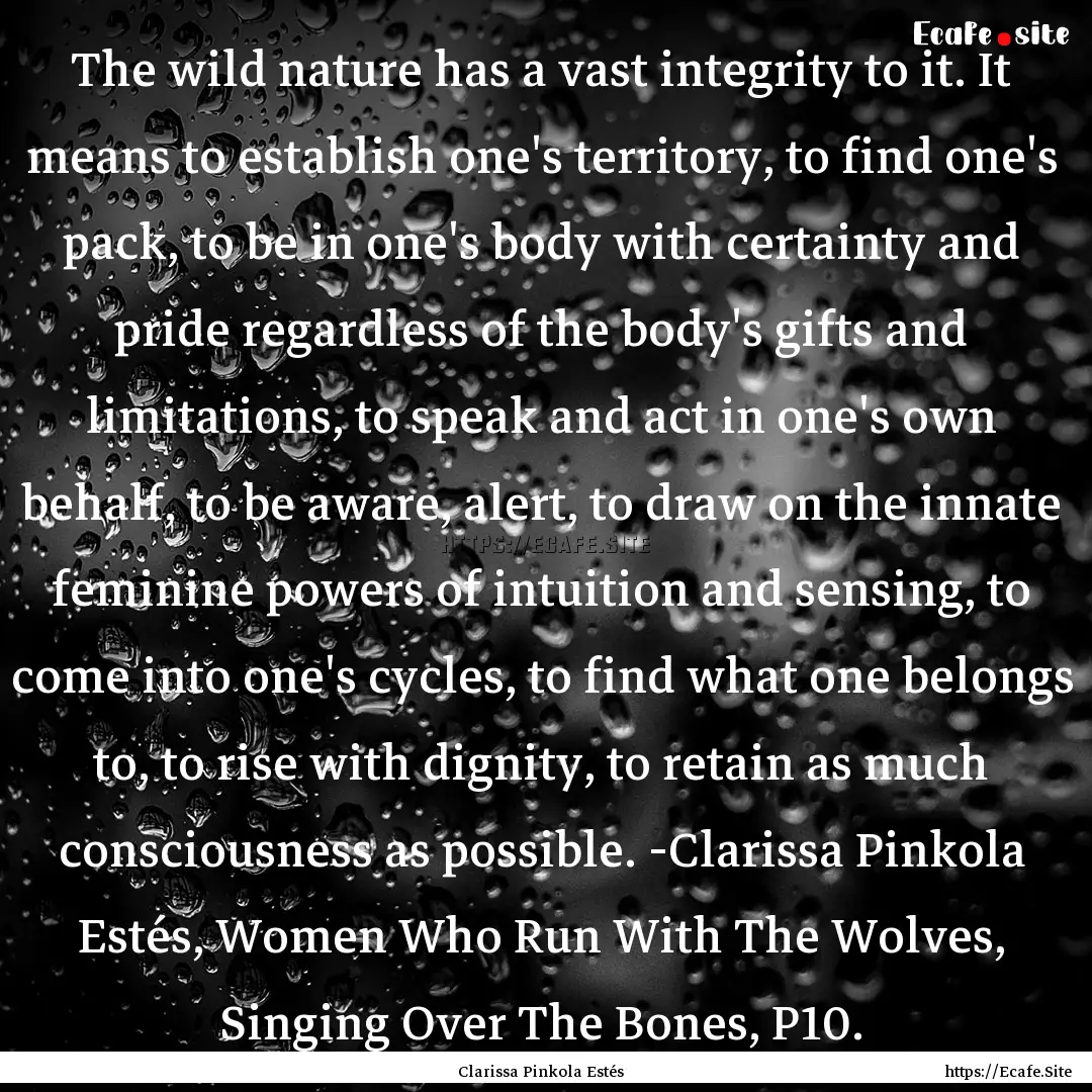 The wild nature has a vast integrity to it..... : Quote by Clarissa Pinkola Estés