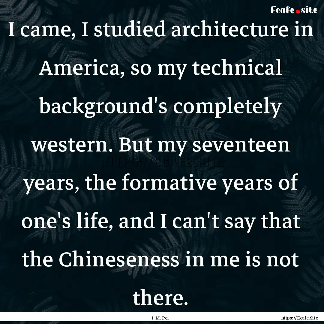 I came, I studied architecture in America,.... : Quote by I. M. Pei