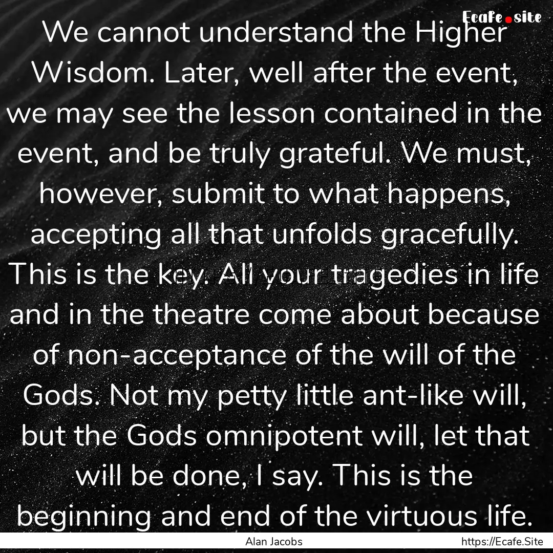 We cannot understand the Higher Wisdom. Later,.... : Quote by Alan Jacobs