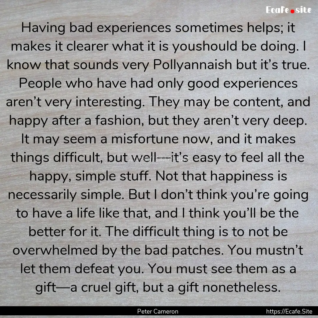 Having bad experiences sometimes helps; it.... : Quote by Peter Cameron