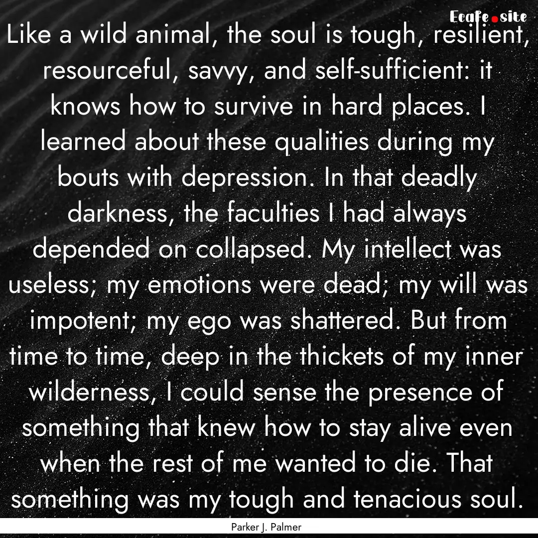 Like a wild animal, the soul is tough, resilient,.... : Quote by Parker J. Palmer