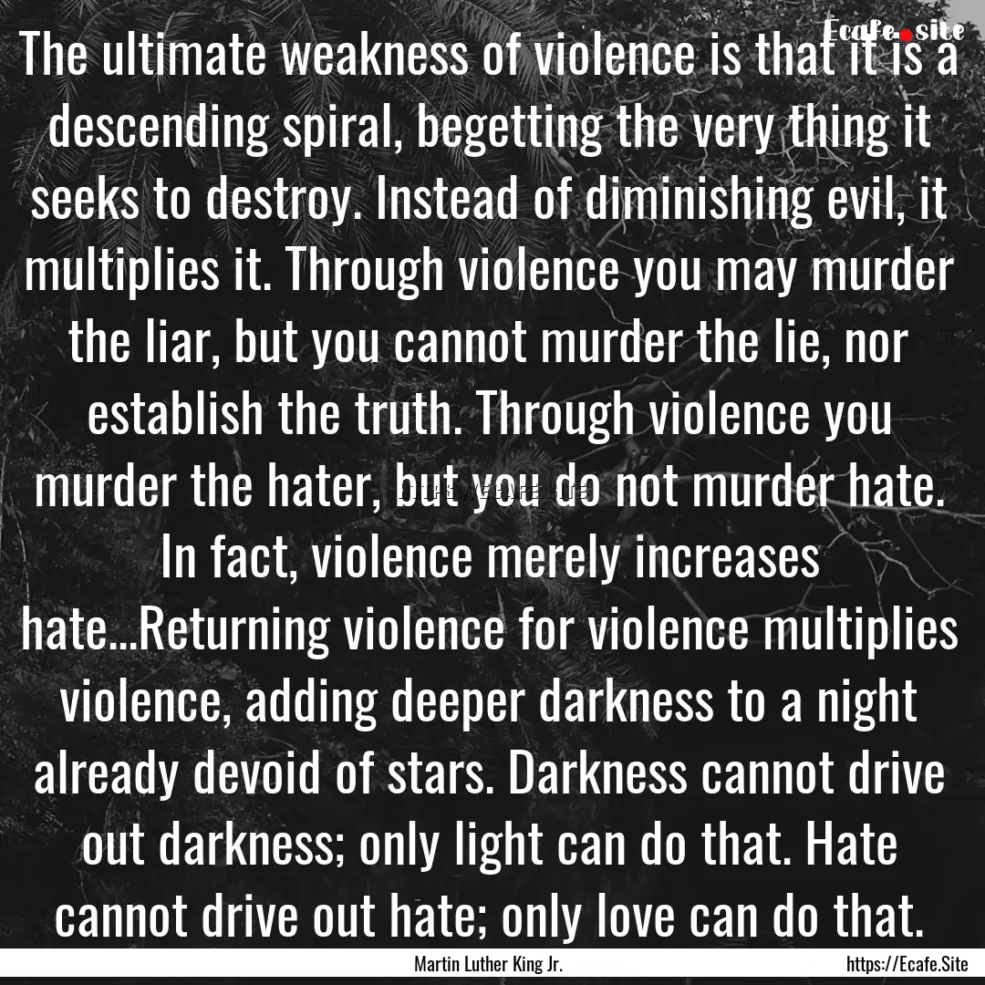 The ultimate weakness of violence is that.... : Quote by Martin Luther King Jr.