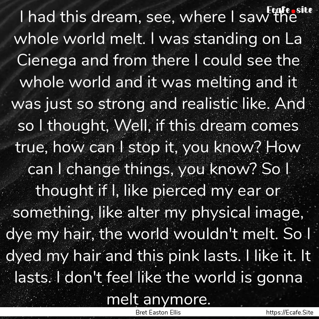 I had this dream, see, where I saw the whole.... : Quote by Bret Easton Ellis