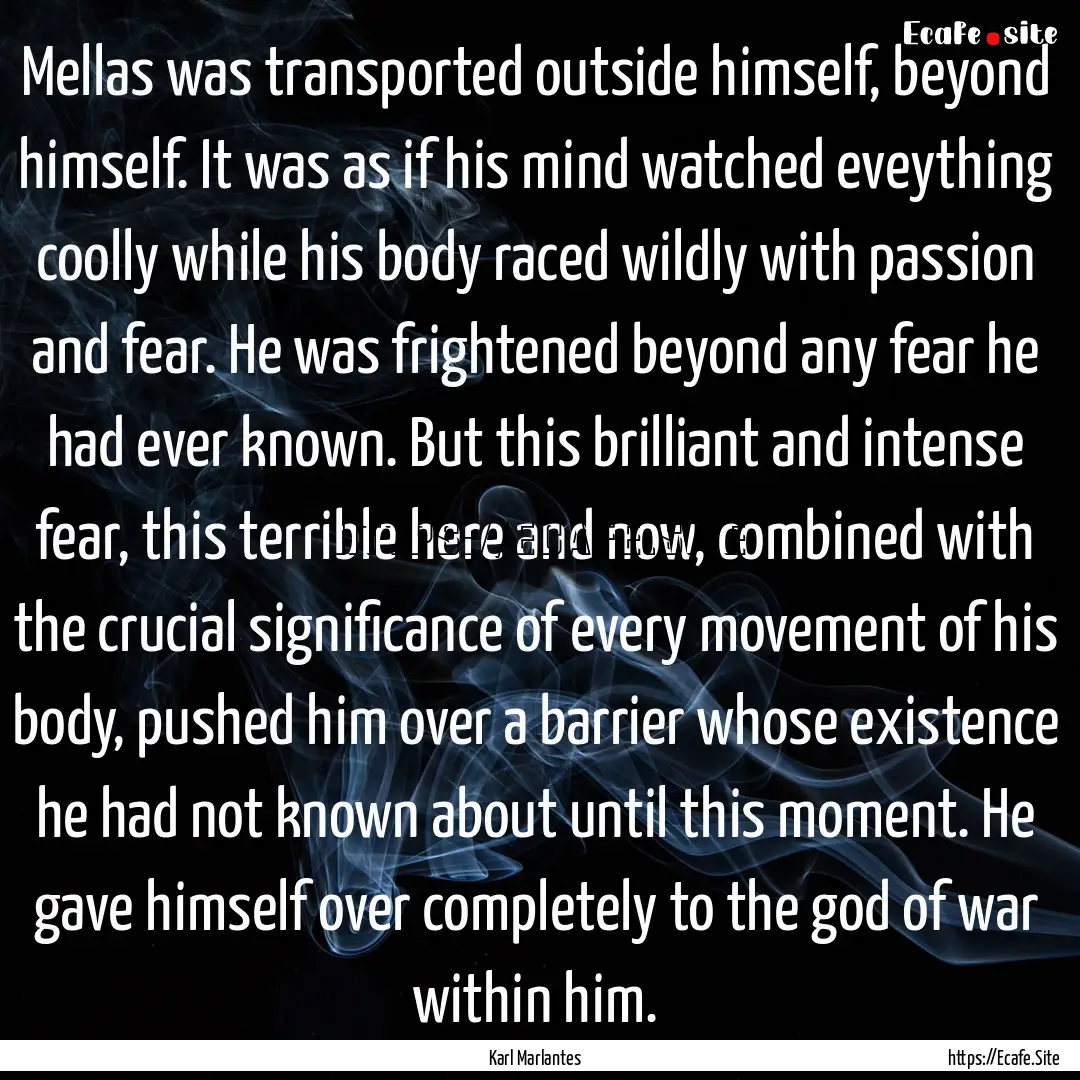 Mellas was transported outside himself, beyond.... : Quote by Karl Marlantes