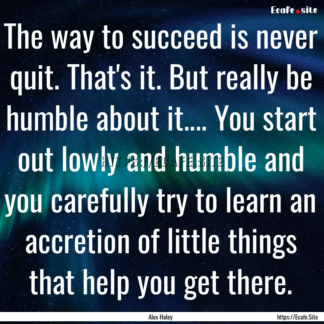 The way to succeed is never quit. That's.... : Quote by Alex Haley