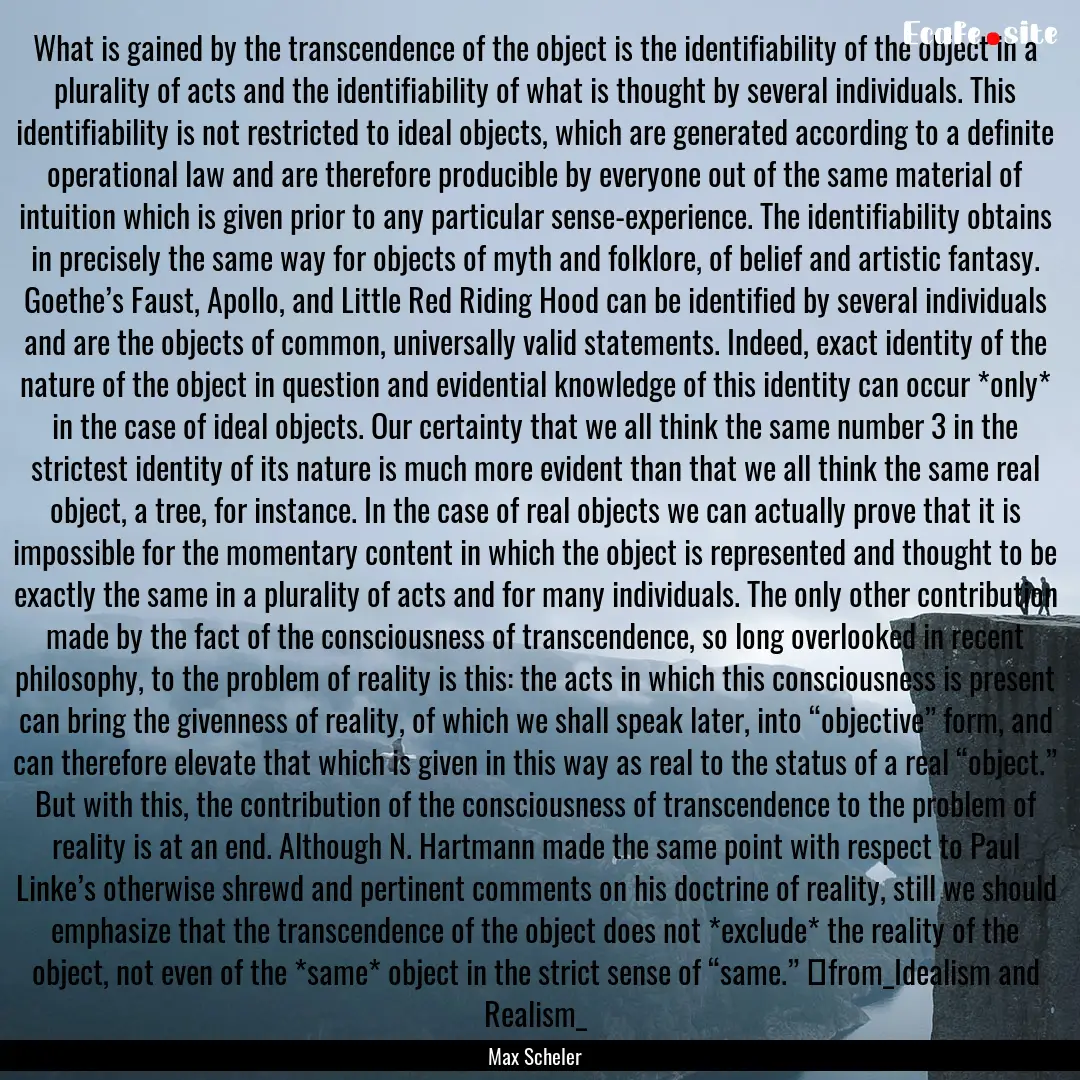 What is gained by the transcendence of the.... : Quote by Max Scheler