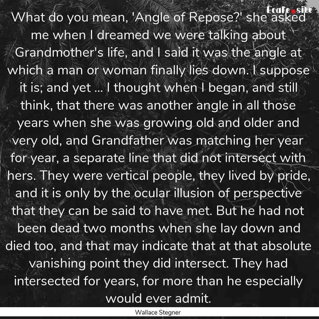 What do you mean, 'Angle of Repose?' she.... : Quote by Wallace Stegner