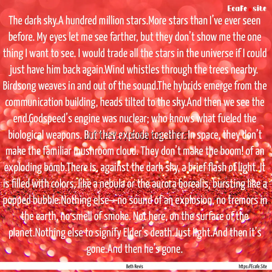 The dark sky.A hundred million stars.More.... : Quote by Beth Revis