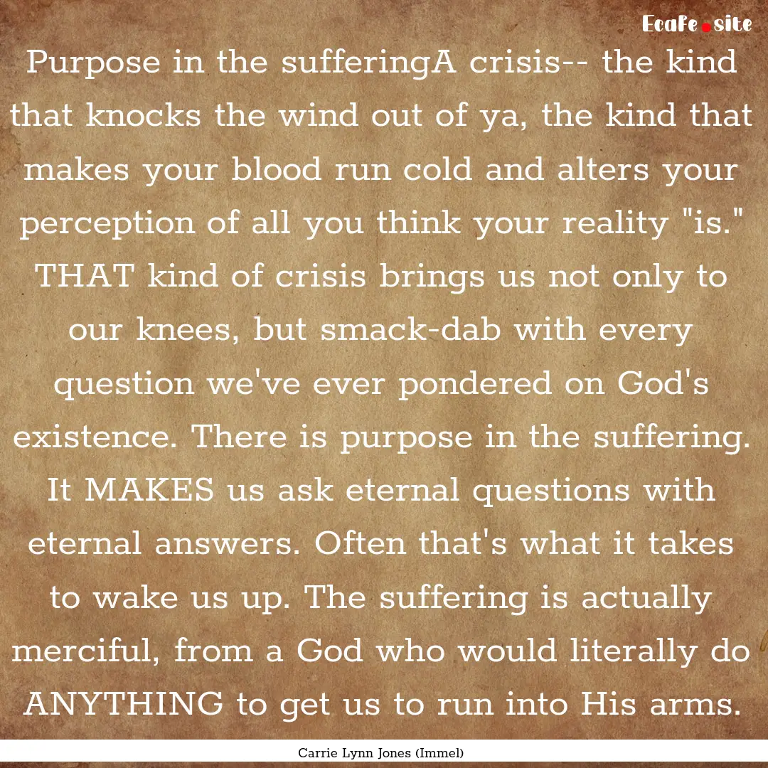 Purpose in the sufferingA crisis-- the kind.... : Quote by Carrie Lynn Jones (Immel)