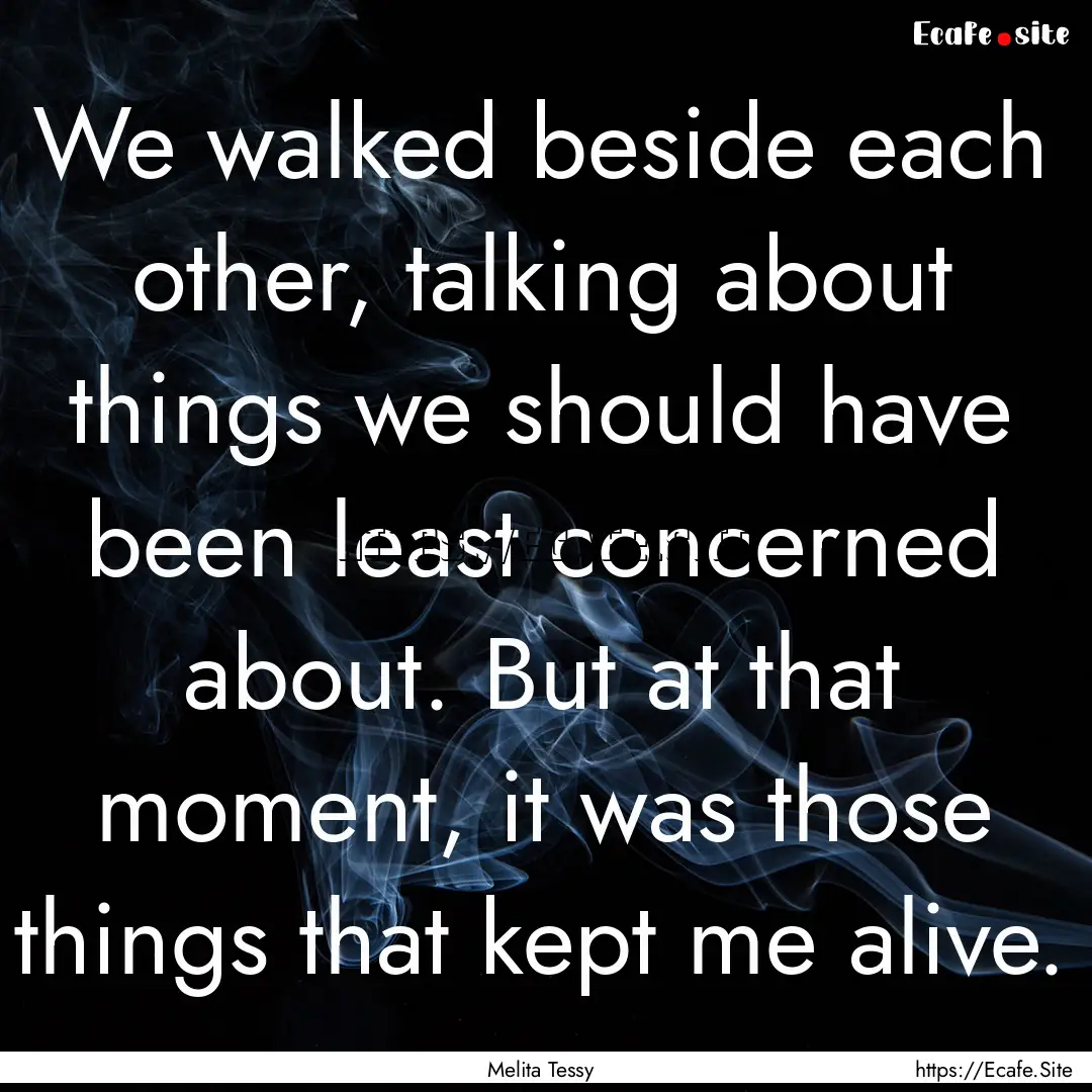 We walked beside each other, talking about.... : Quote by Melita Tessy