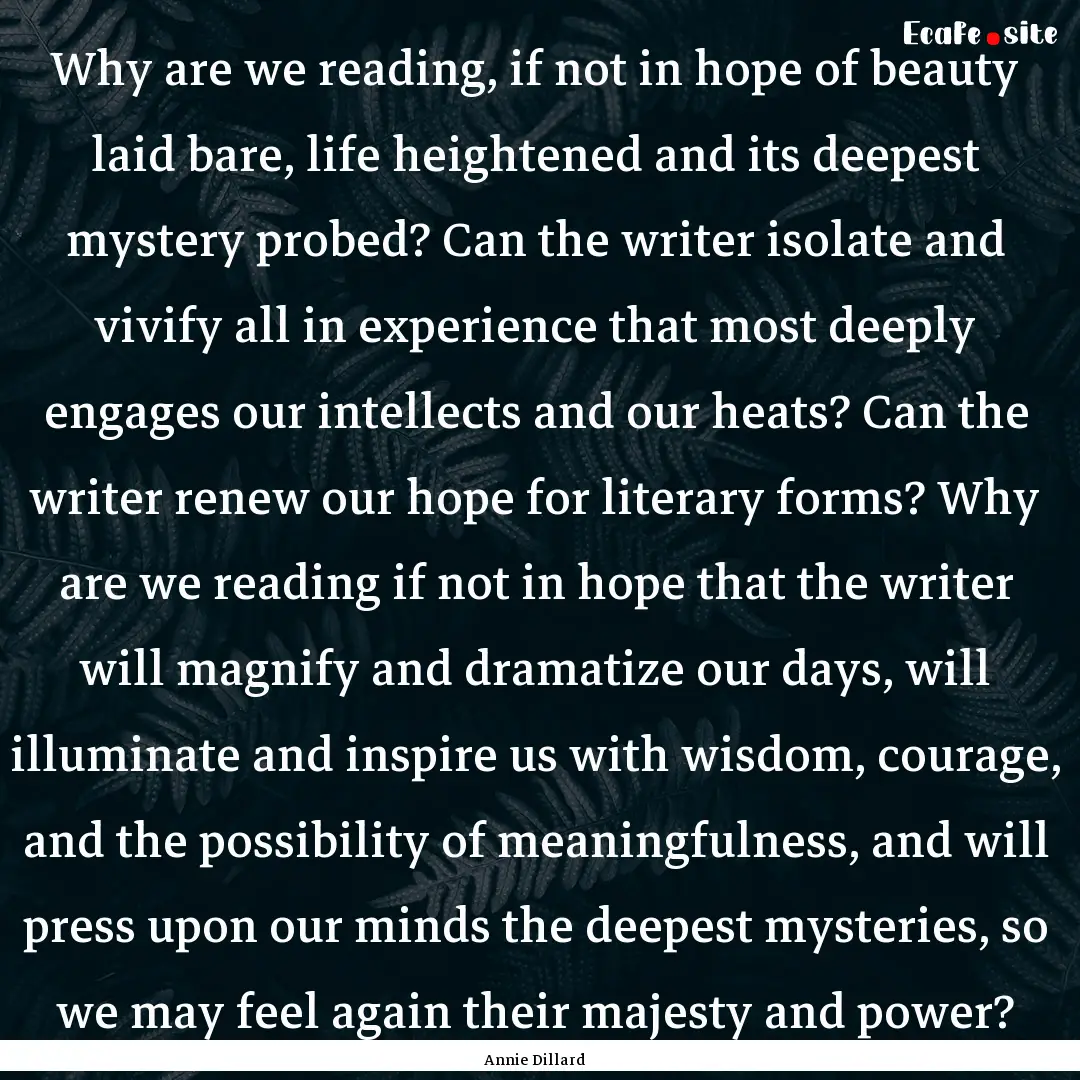 Why are we reading, if not in hope of beauty.... : Quote by Annie Dillard