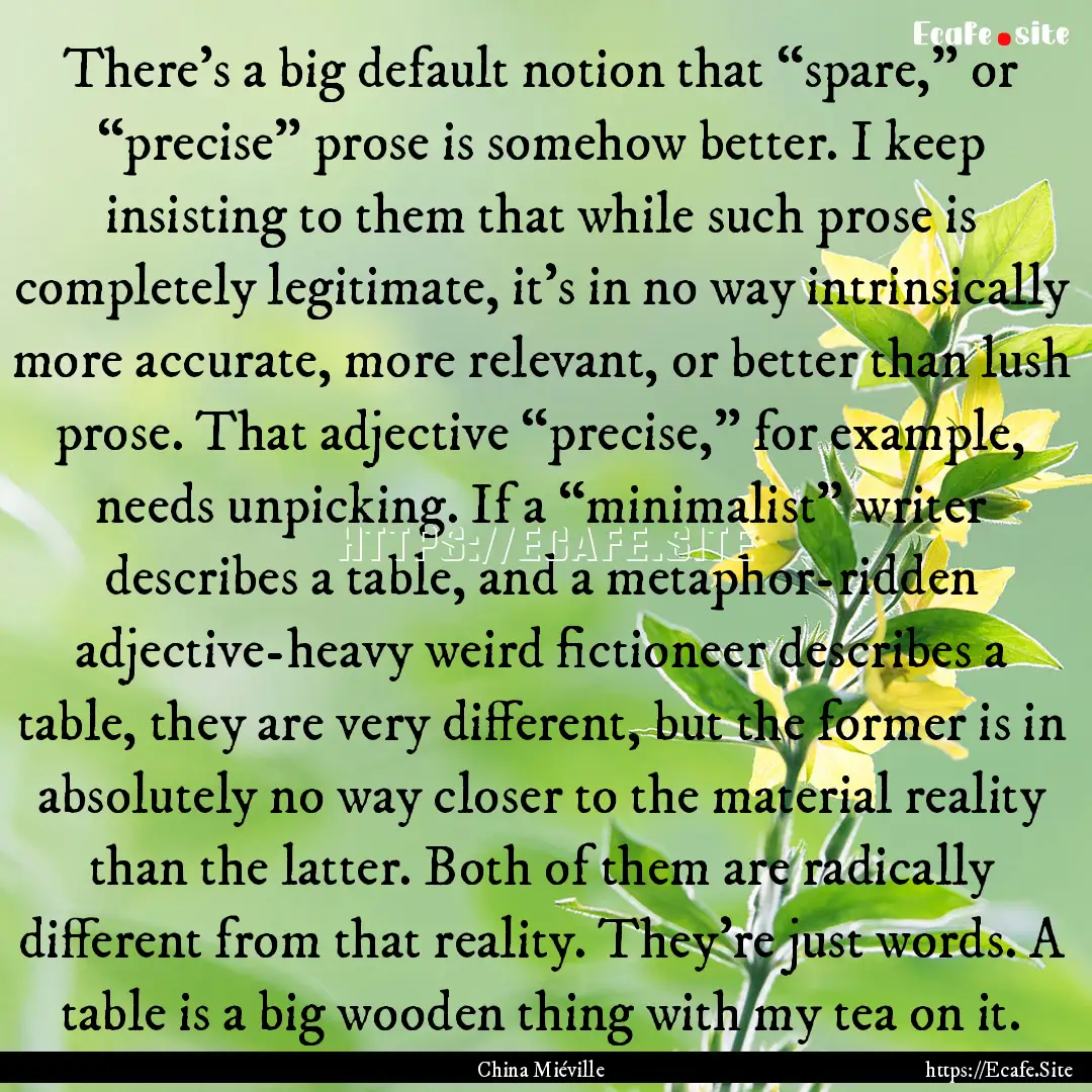 There’s a big default notion that “spare,”.... : Quote by China Miéville