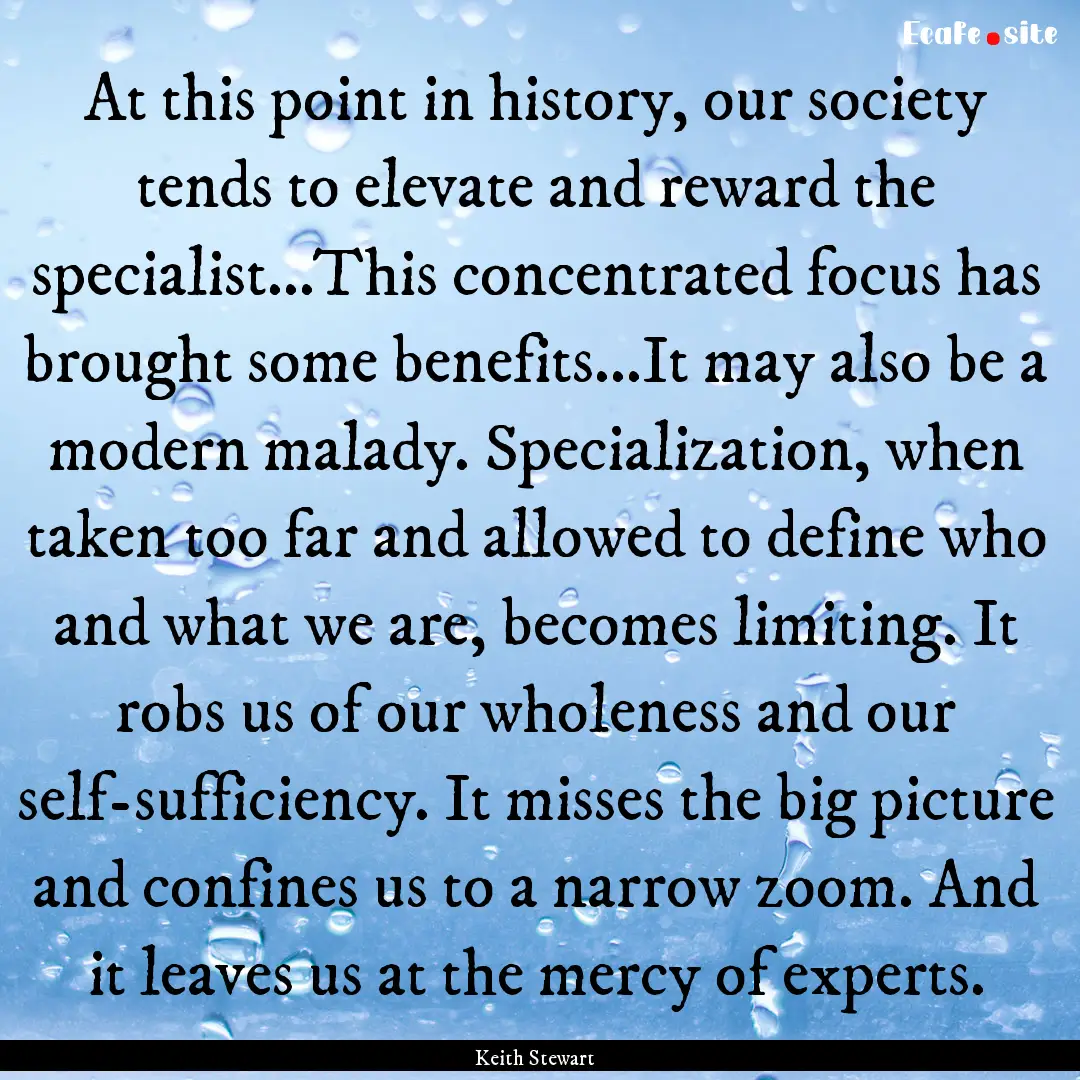 At this point in history, our society tends.... : Quote by Keith Stewart