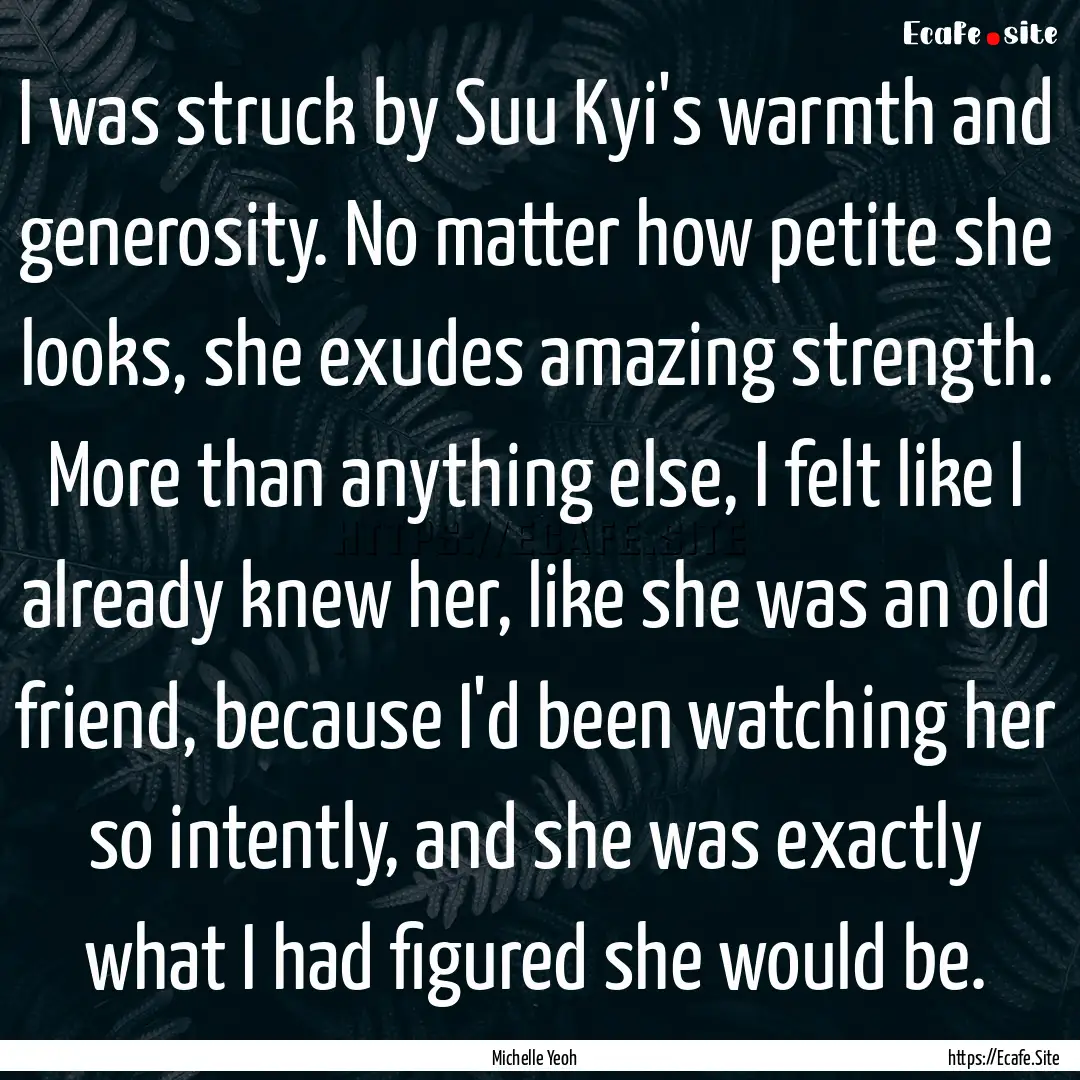 I was struck by Suu Kyi's warmth and generosity..... : Quote by Michelle Yeoh