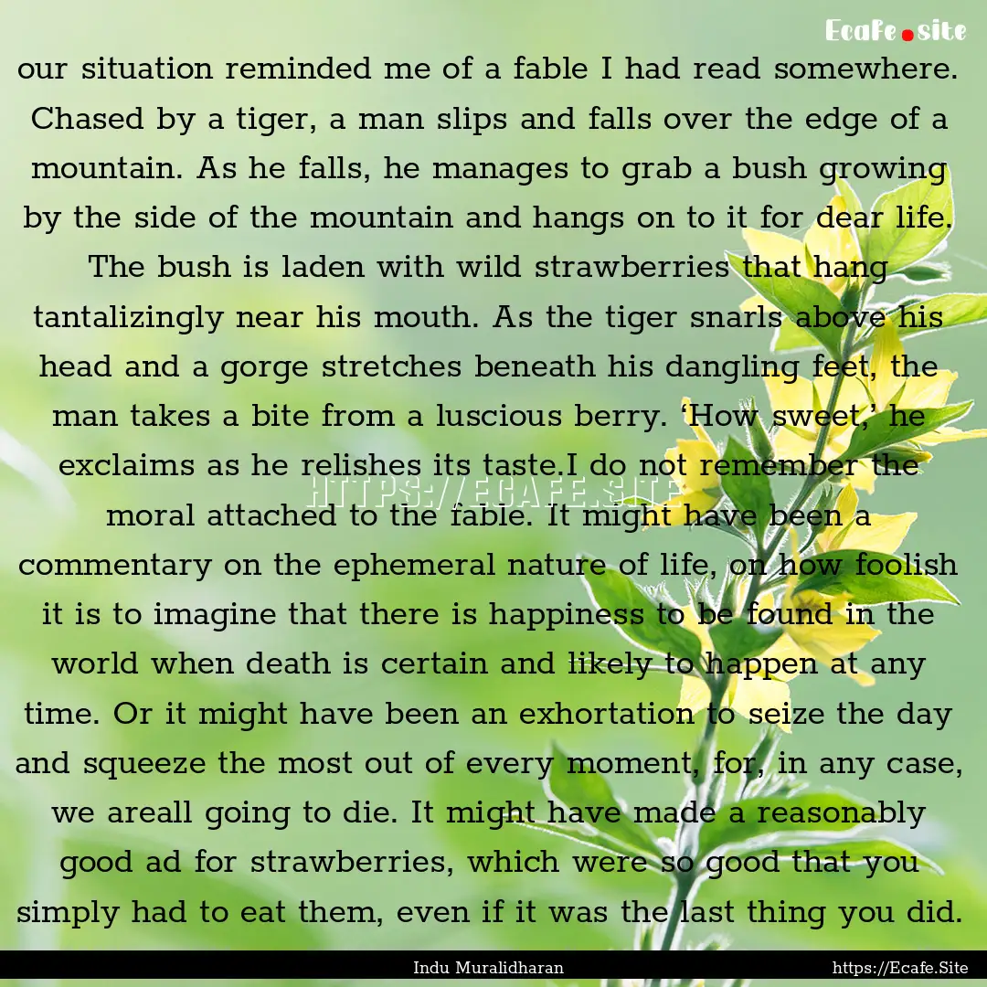 our situation reminded me of a fable I had.... : Quote by Indu Muralidharan