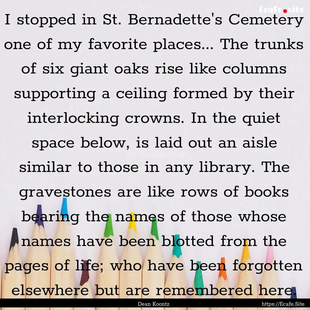 I stopped in St. Bernadette's Cemetery one.... : Quote by Dean Koontz