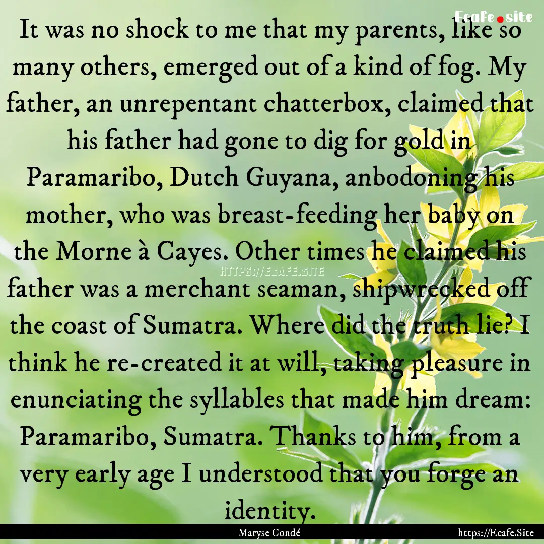 It was no shock to me that my parents, like.... : Quote by Maryse Condé