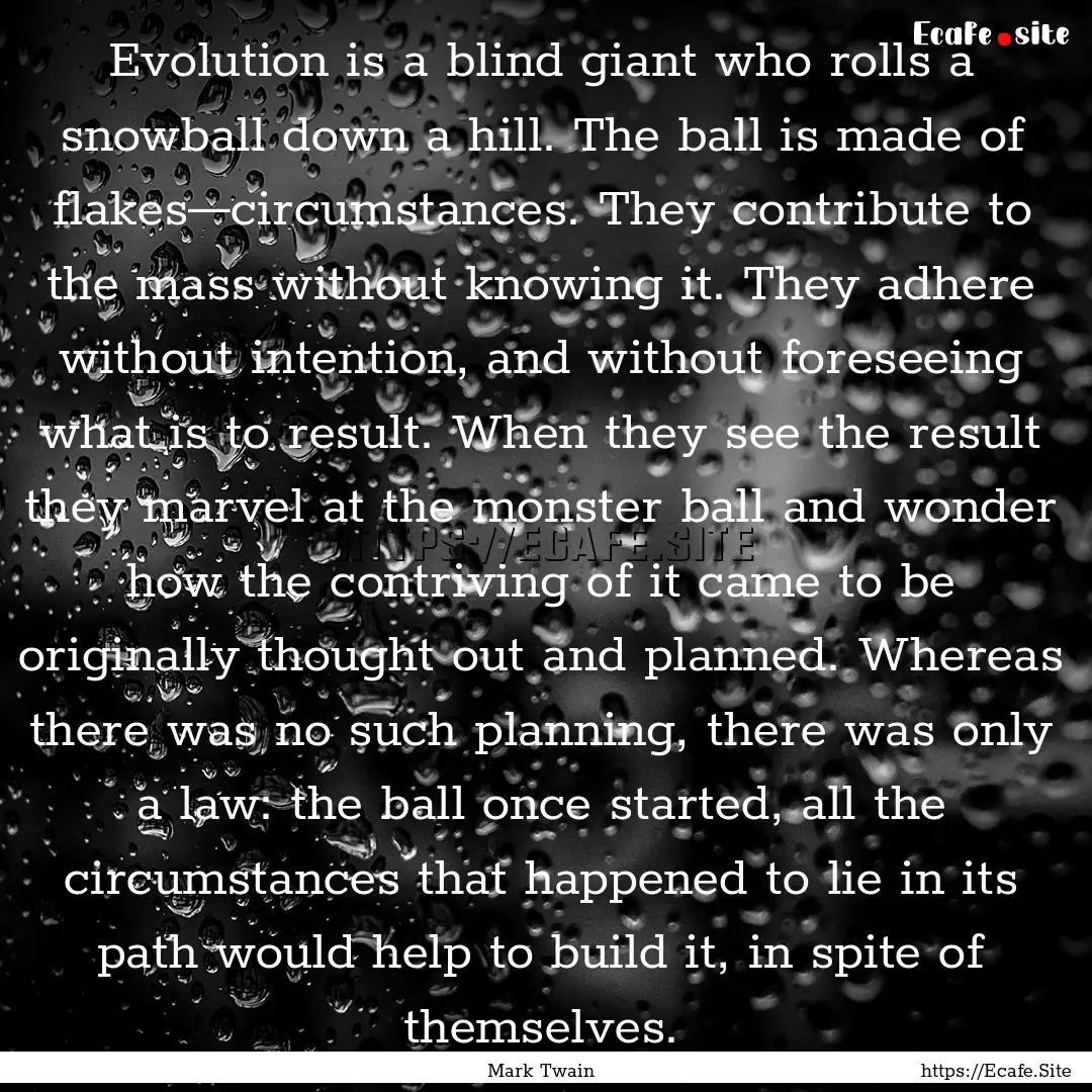 Evolution is a blind giant who rolls a snowball.... : Quote by Mark Twain