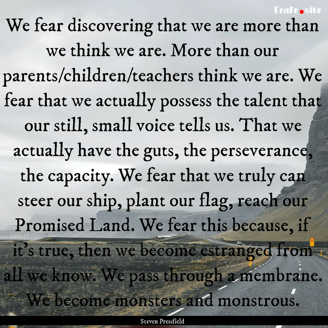 We fear discovering that we are more than.... : Quote by Steven Pressfield