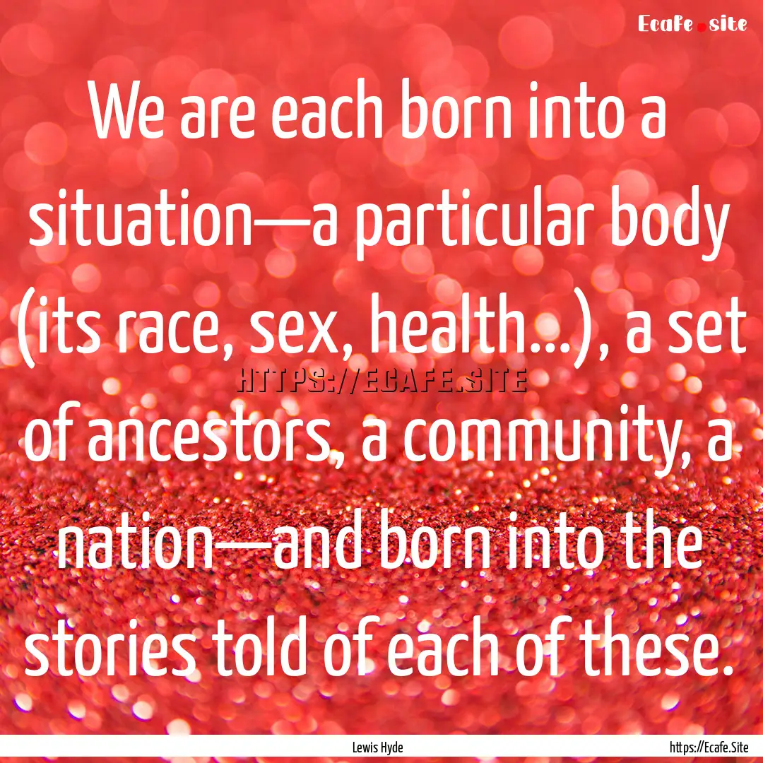 We are each born into a situation—a particular.... : Quote by Lewis Hyde