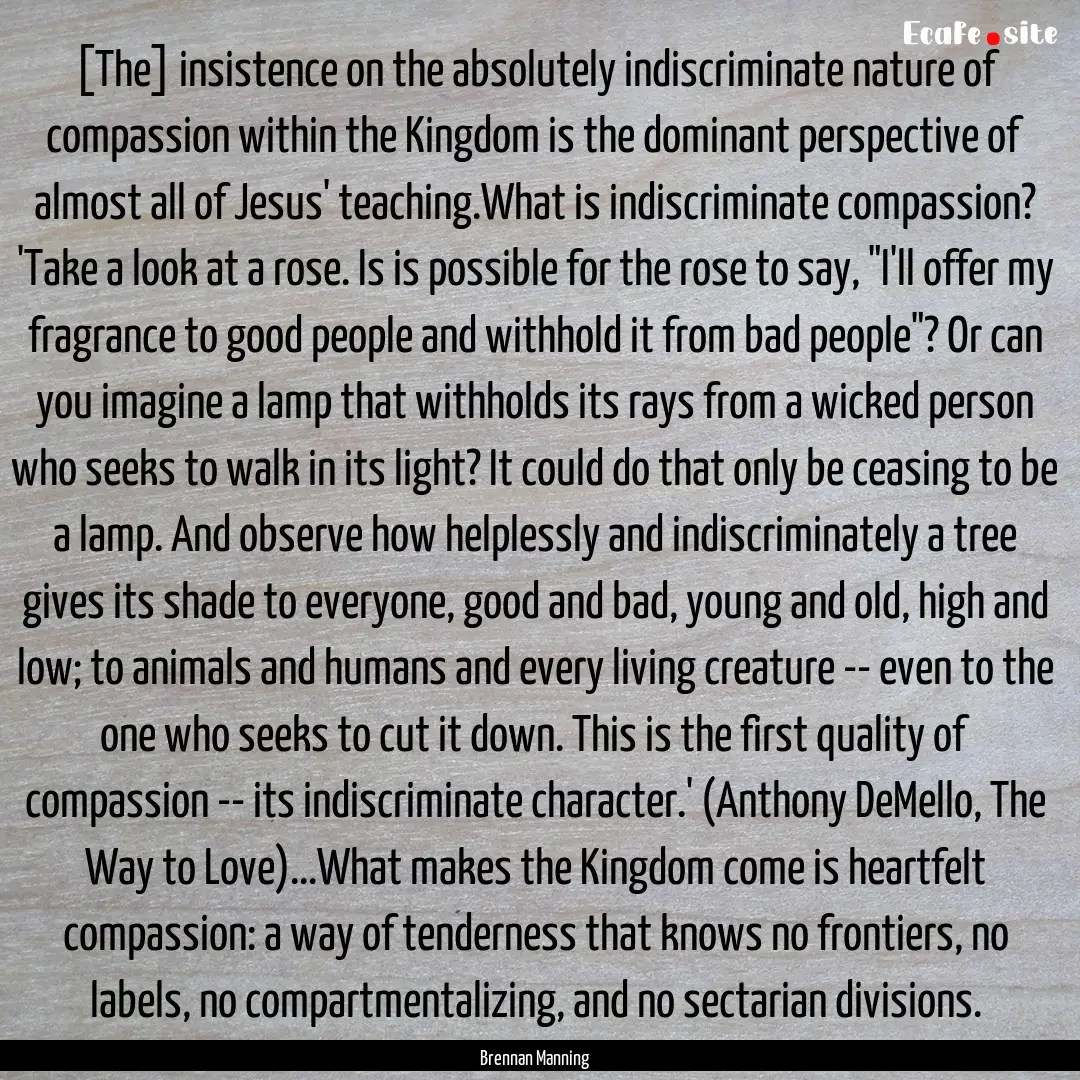 [The] insistence on the absolutely indiscriminate.... : Quote by Brennan Manning