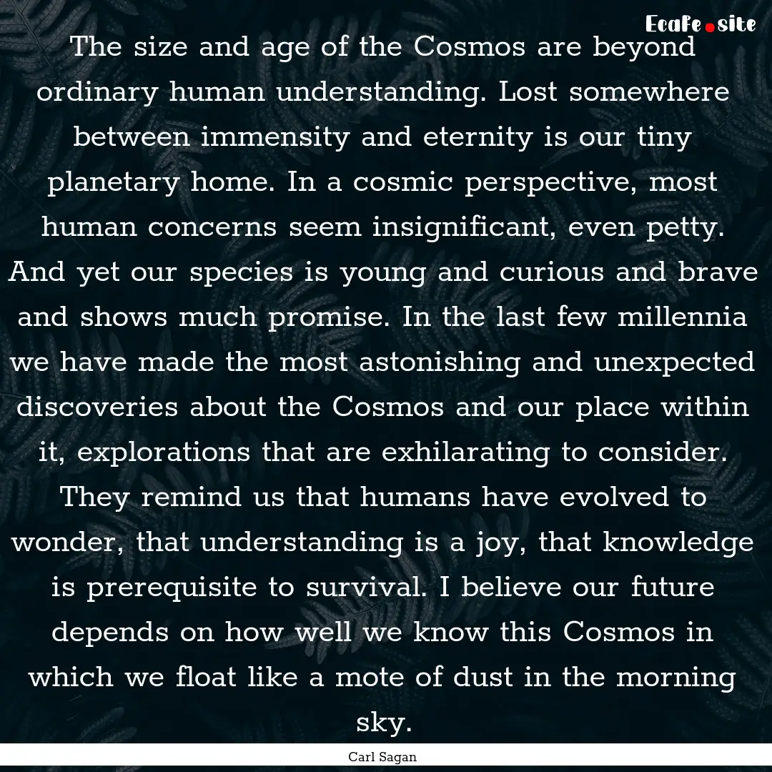 The size and age of the Cosmos are beyond.... : Quote by Carl Sagan