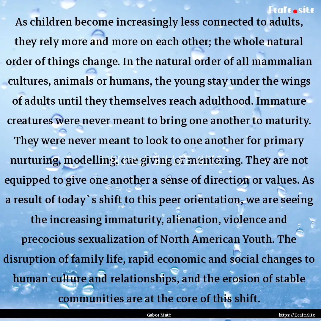 As children become increasingly less connected.... : Quote by Gabor Maté