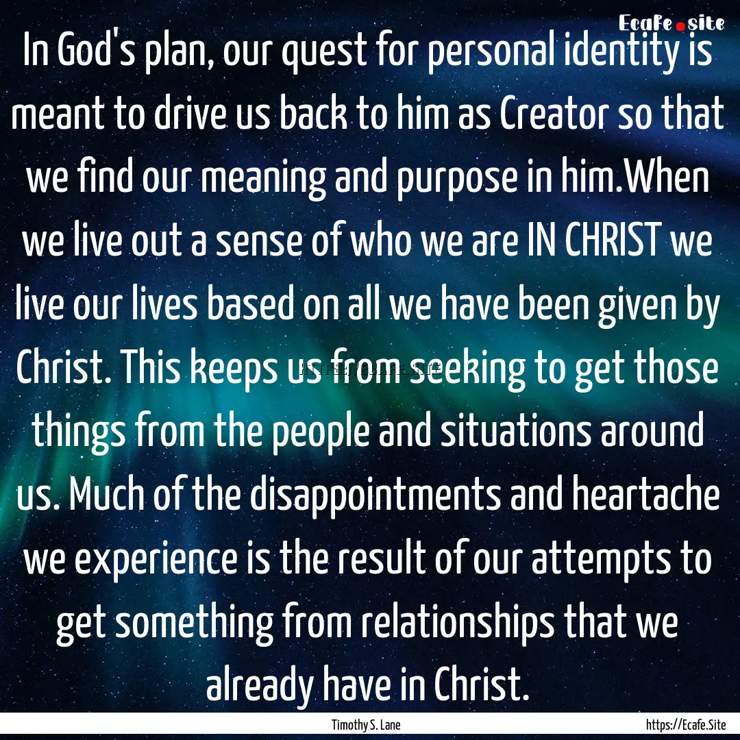 In God's plan, our quest for personal identity.... : Quote by Timothy S. Lane