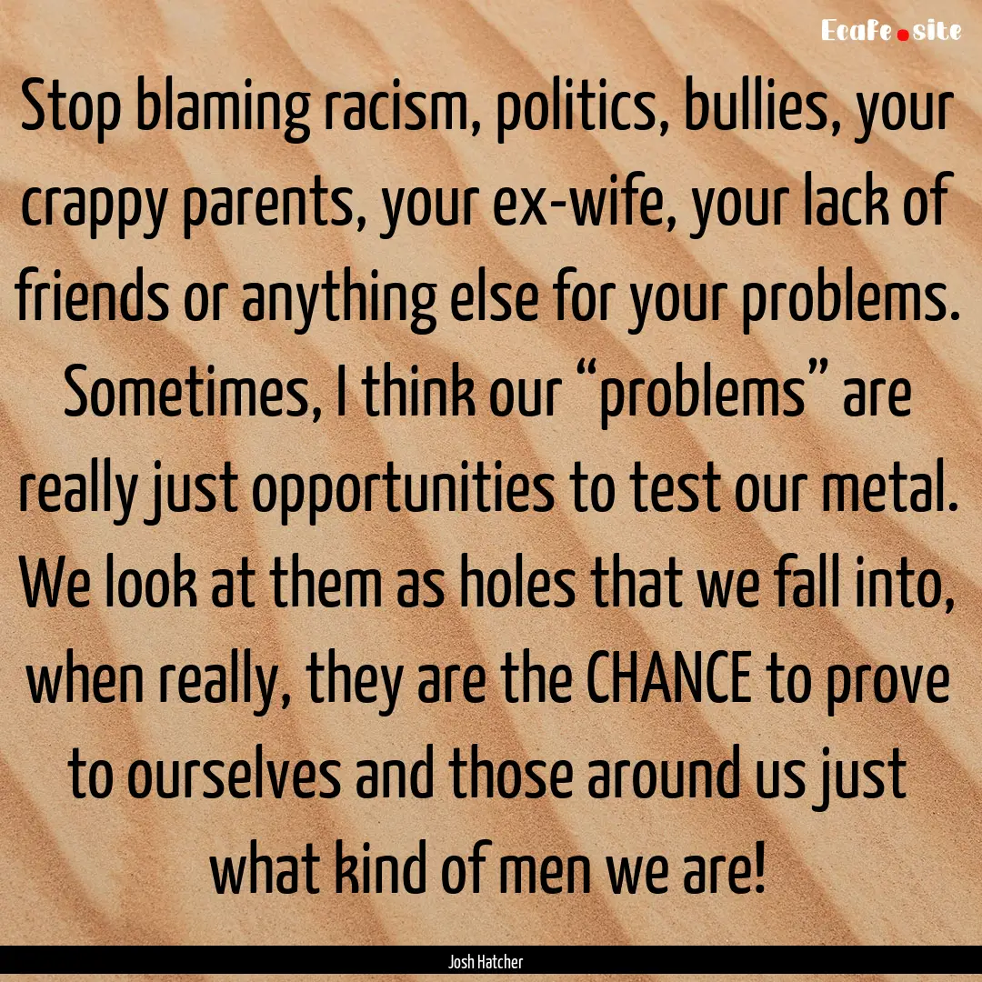 Stop blaming racism, politics, bullies, your.... : Quote by Josh Hatcher