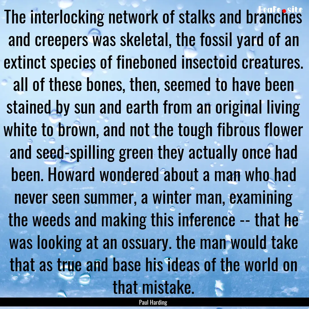 The interlocking network of stalks and branches.... : Quote by Paul Harding