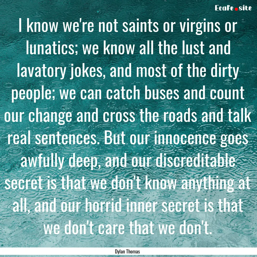 I know we're not saints or virgins or lunatics;.... : Quote by Dylan Thomas