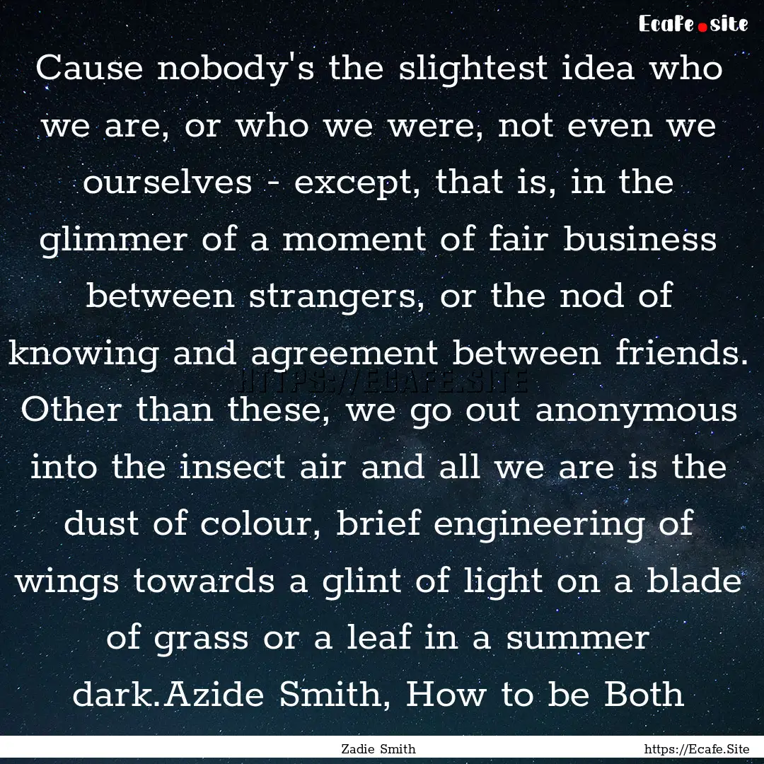 Cause nobody's the slightest idea who we.... : Quote by Zadie Smith