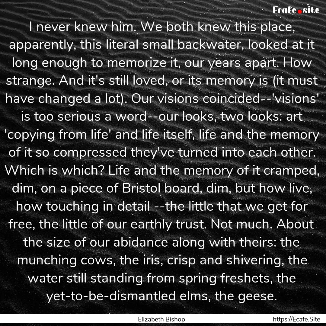 I never knew him. We both knew this place,.... : Quote by Elizabeth Bishop