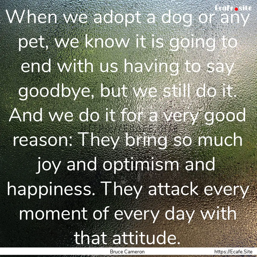 When we adopt a dog or any pet, we know it.... : Quote by Bruce Cameron