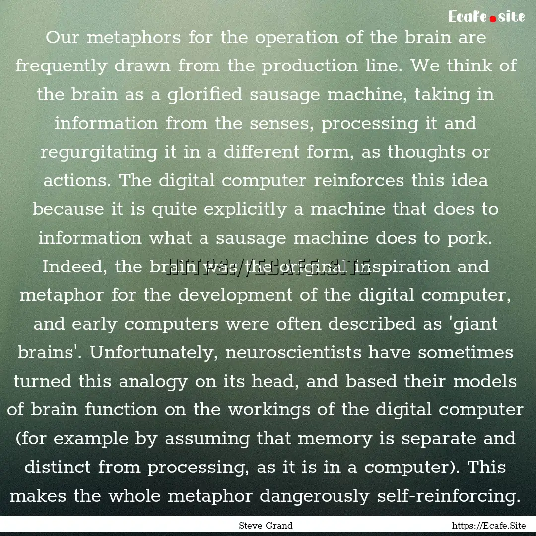 Our metaphors for the operation of the brain.... : Quote by Steve Grand