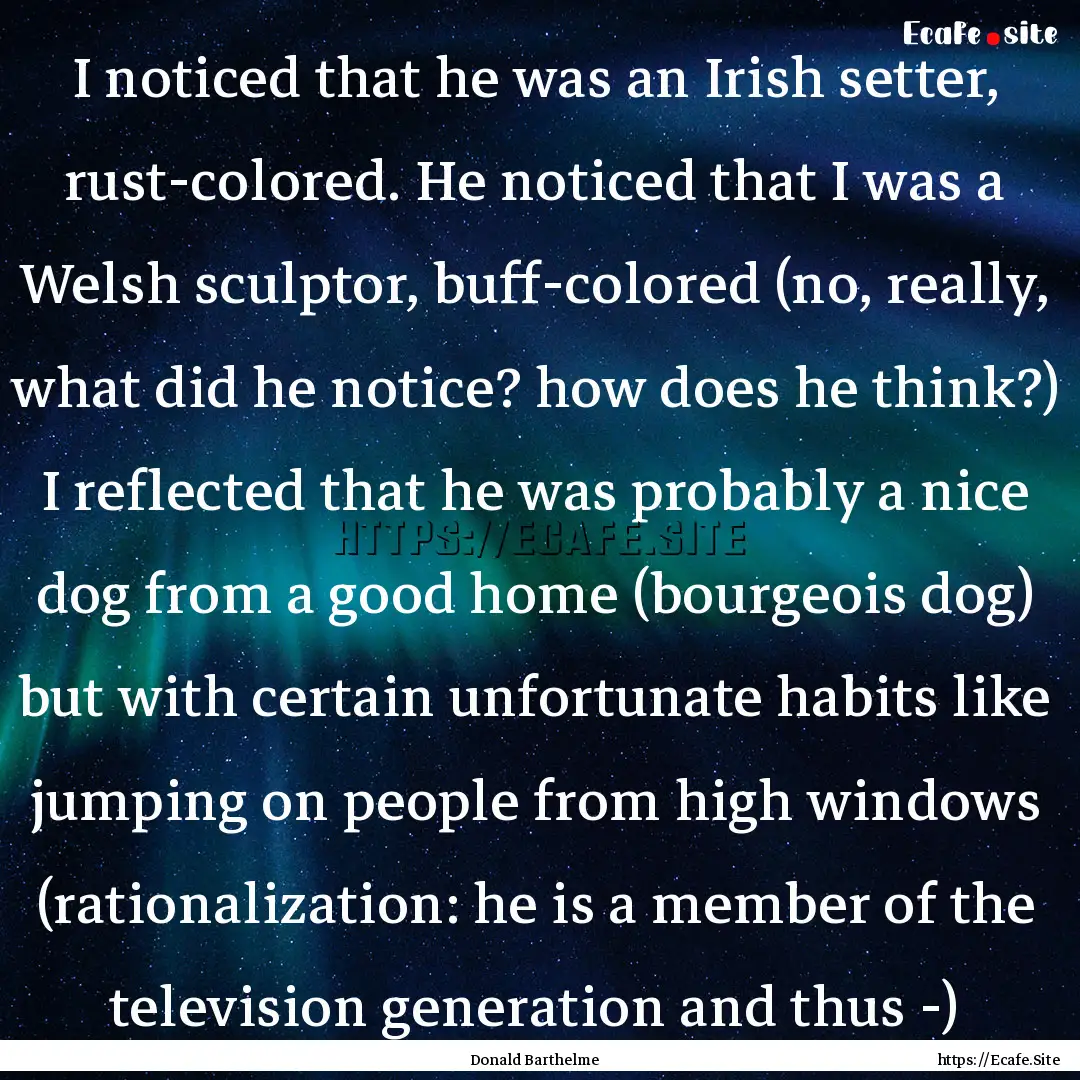 I noticed that he was an Irish setter, rust-colored..... : Quote by Donald Barthelme