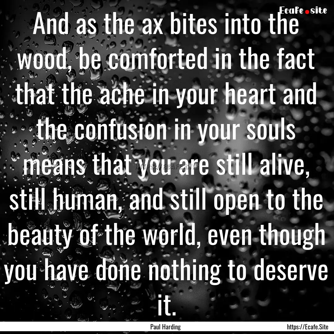 And as the ax bites into the wood, be comforted.... : Quote by Paul Harding