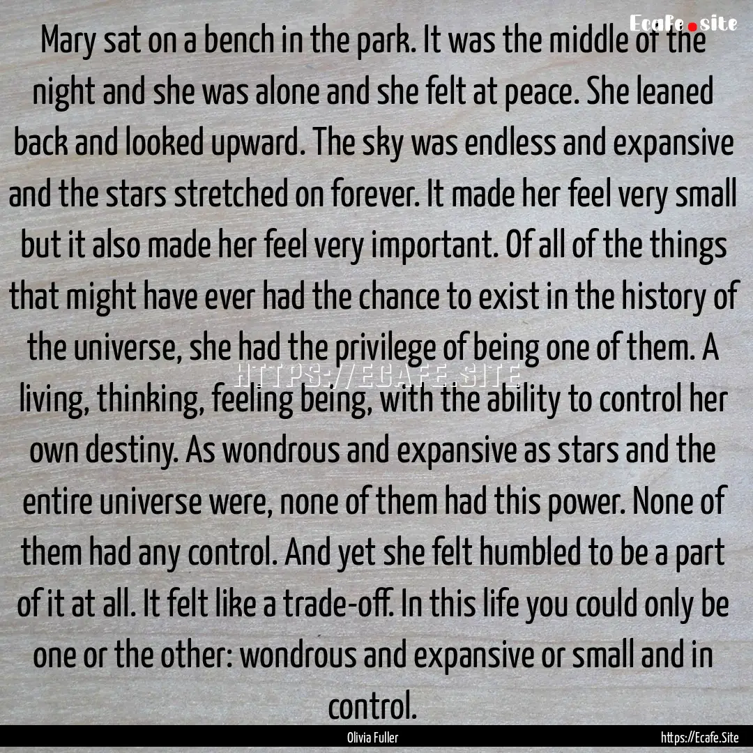 Mary sat on a bench in the park. It was the.... : Quote by Olivia Fuller