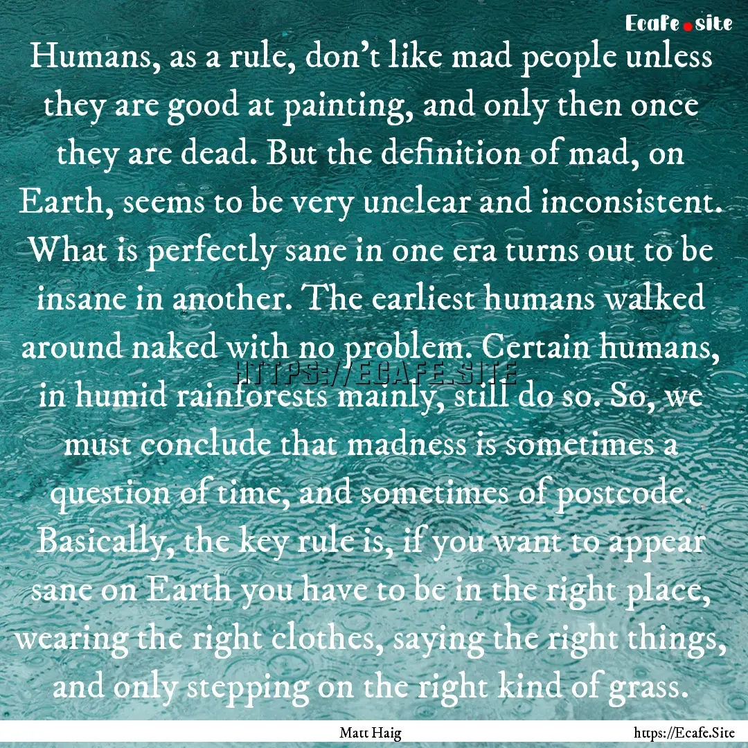 Humans, as a rule, don't like mad people.... : Quote by Matt Haig