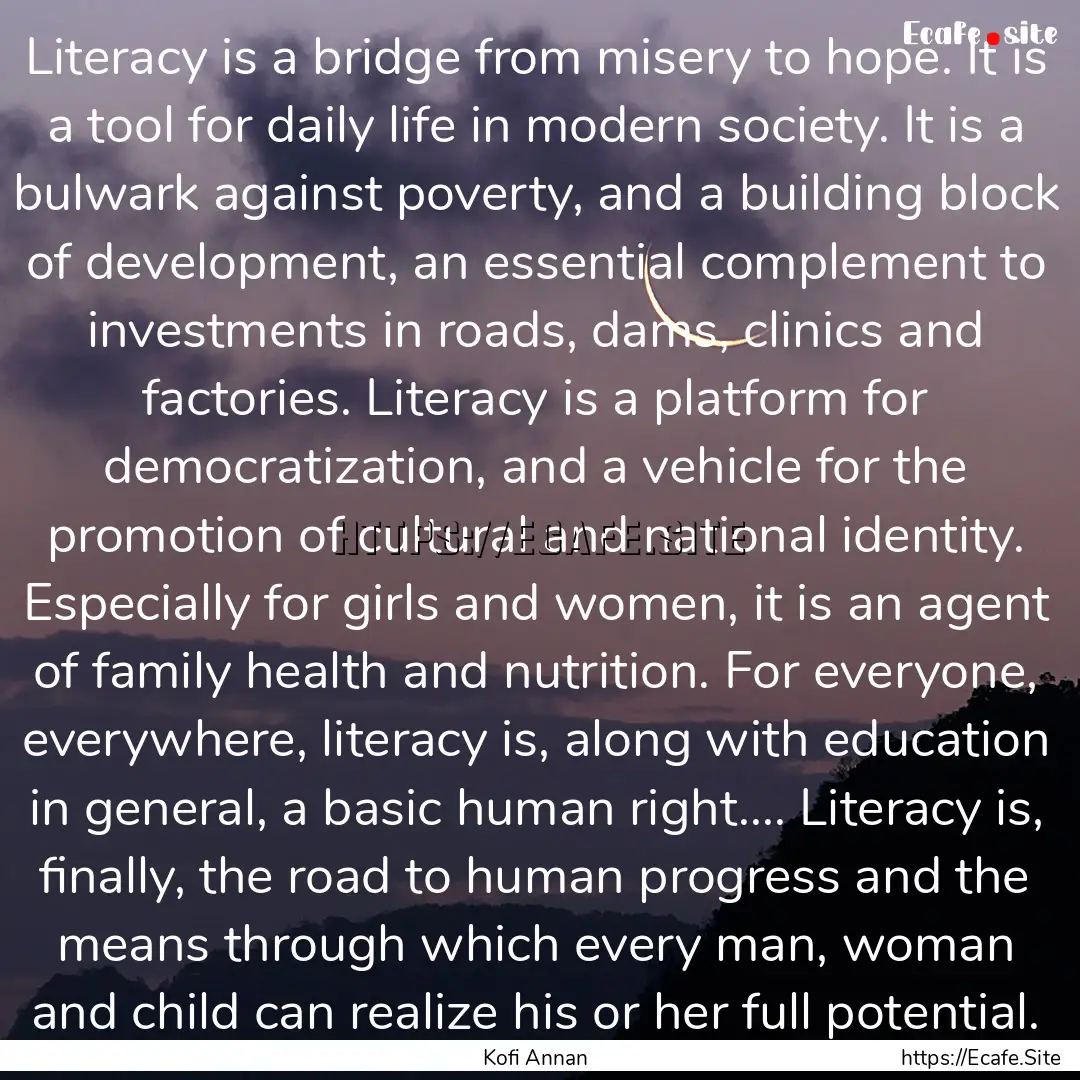 Literacy is a bridge from misery to hope..... : Quote by Kofi Annan