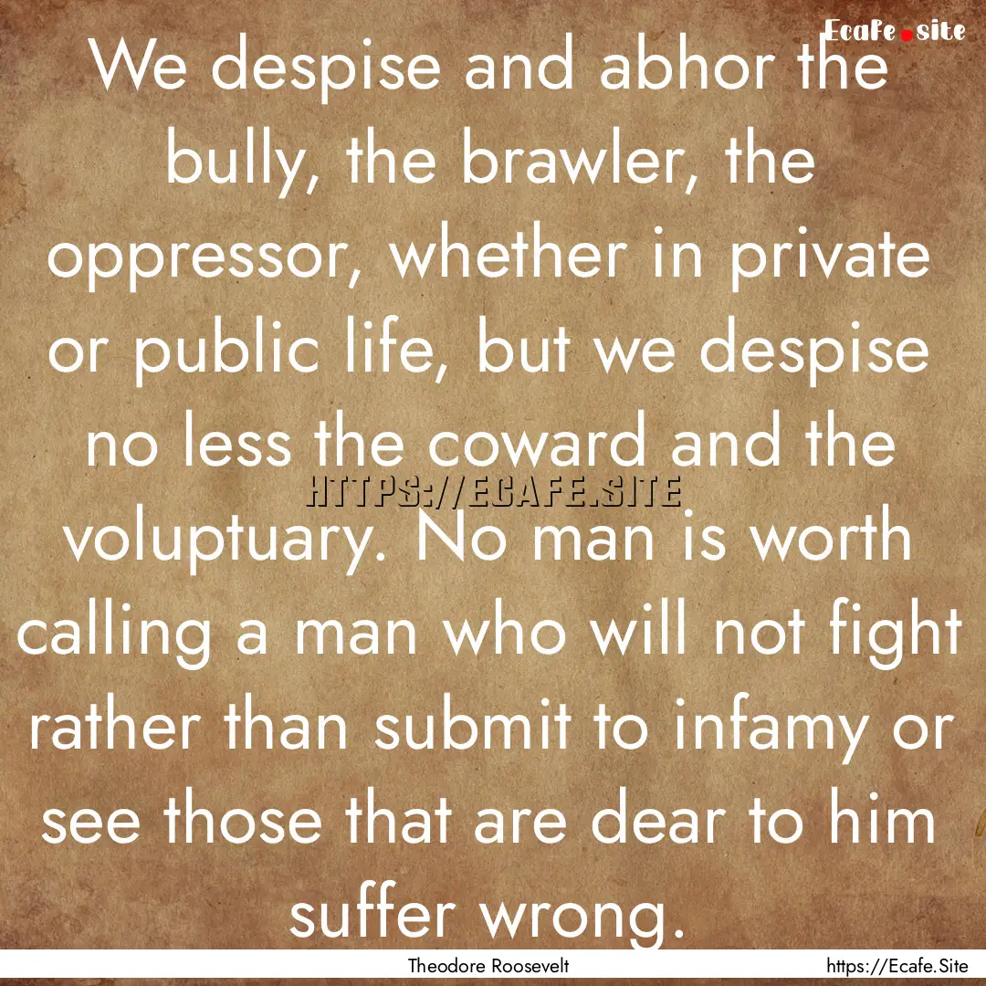 We despise and abhor the bully, the brawler,.... : Quote by Theodore Roosevelt