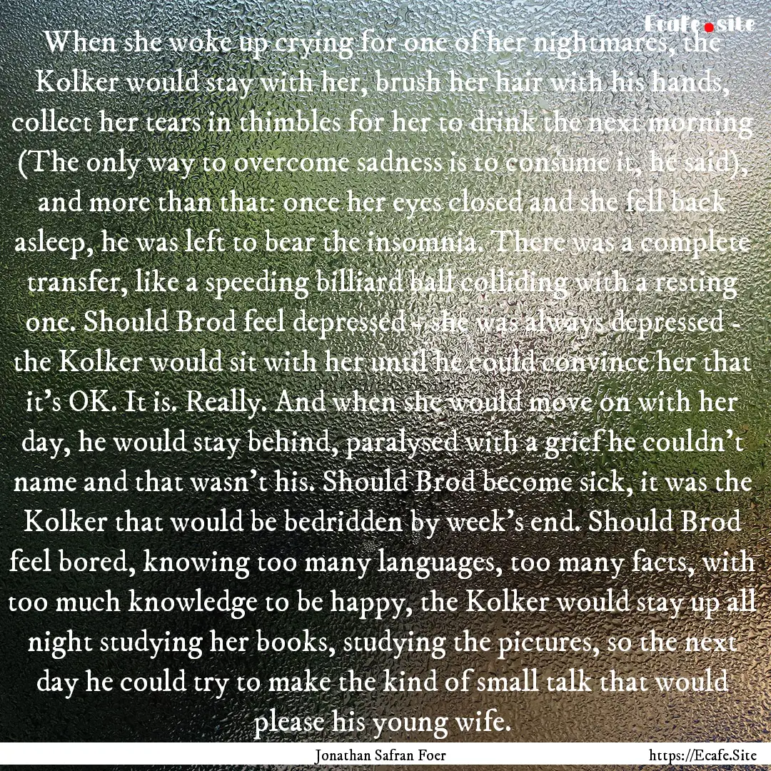 When she woke up crying for one of her nightmares,.... : Quote by Jonathan Safran Foer