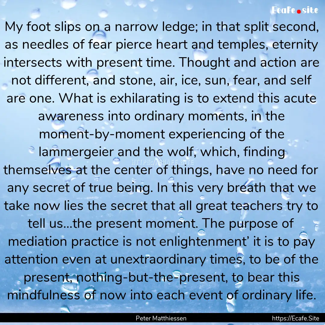 My foot slips on a narrow ledge; in that.... : Quote by Peter Matthiessen